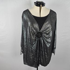 Studio 1940 Blouse Women's 30 / 32W Black Starry Nights Gathered Long Sleeve NWT
